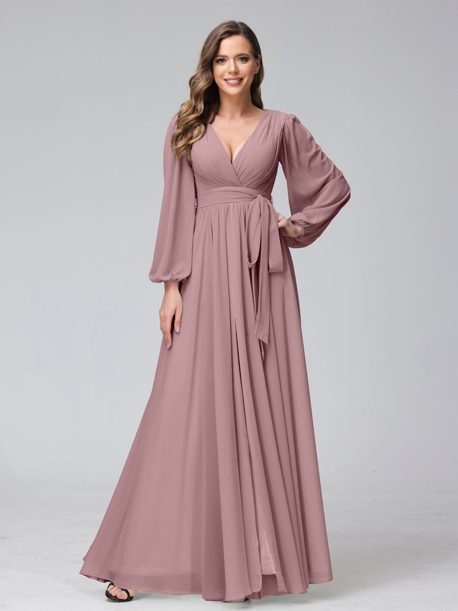 A-Line V-Neck Long Sleeves Chiffon Long Bridesmaid Dresses With Ruffles Split Side