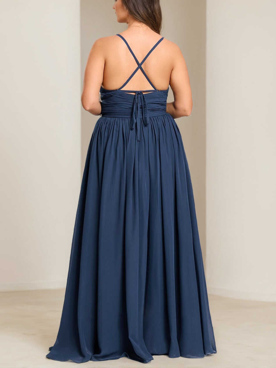 A Line/Princess Spaghetti Straps V-Neck Sleeveless Plus Size Bridesmaid Dresses with Ruffles