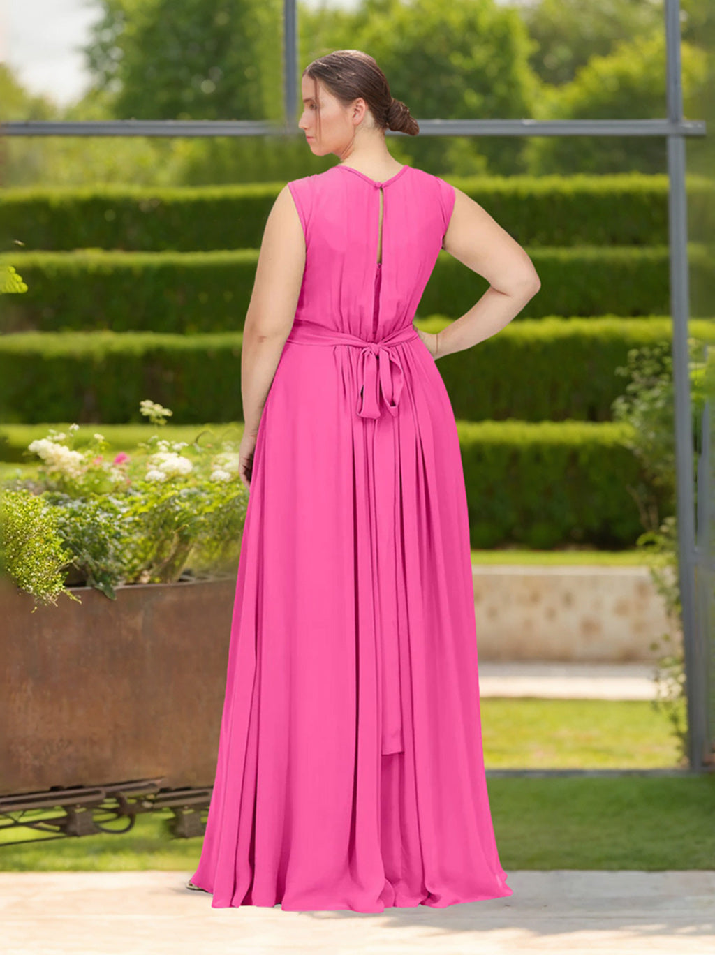 A-Line/Princess Scoop Neck Sleeveless Floor-Length Chiffon Plus Size Bridesmaid Dress with Ruffles & Bowknot