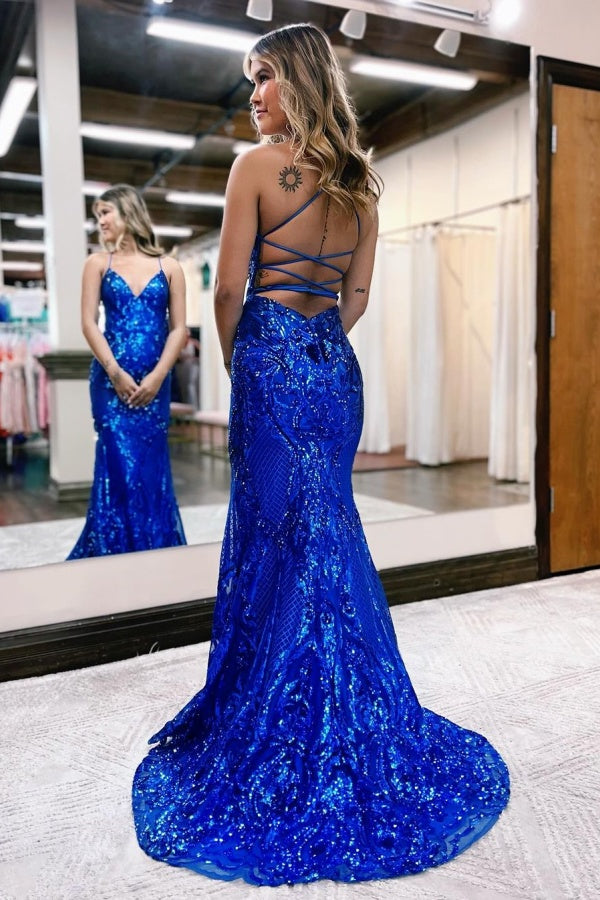 Royal Blue Sequin Prom Dress V Neck Backless YH0017