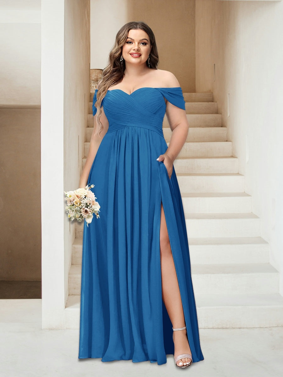 A-Line/Princess Off-the-Shoulder Sleeveless Chiffon Plus Size Bridesmaid Dresses with Pockets