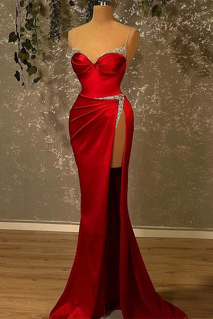 Red Spaghetti-Straps Beadings Mermaid Prom Dress With Split PD0828