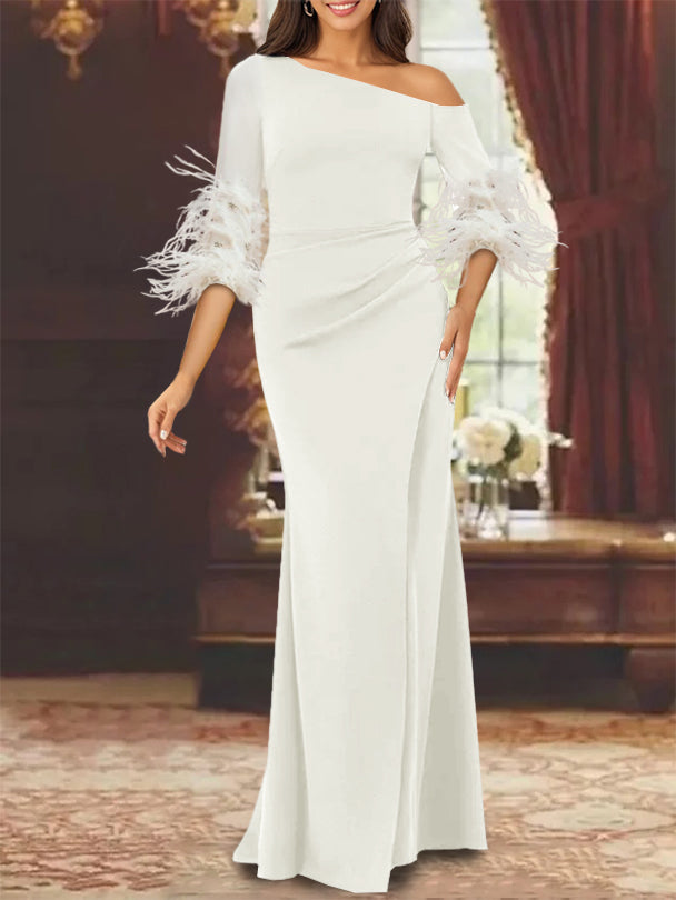 Trumpet/Mermaid Mother Of The Bride Feather Dresses with One Shoulder Long Sleeves Chiffon