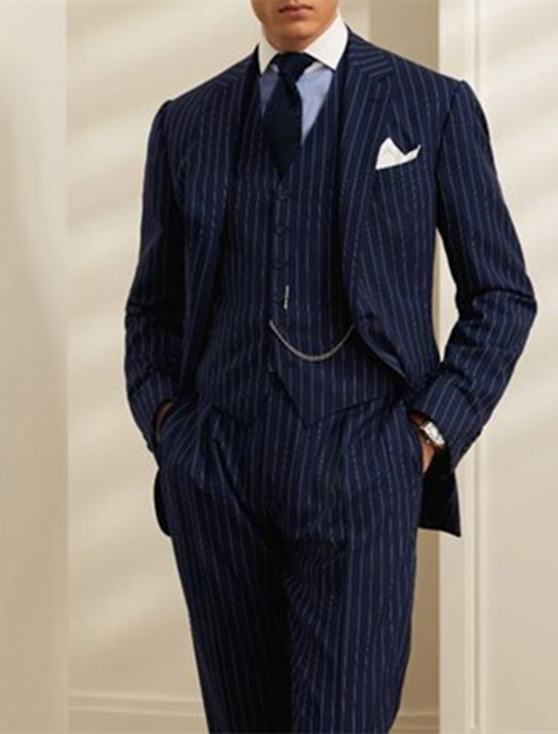 Men's Tailored Fit Single Breasted Two-buttons 2 Pieces Striped Wedding Suits