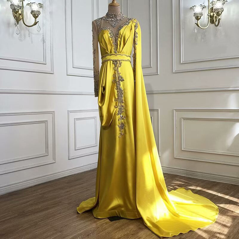 Okdais Shinning Yellow Bead Embroidery Mermaid Floor Length Prom Dress With Shawl LM0022