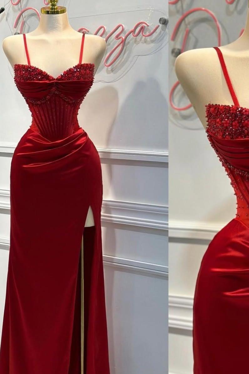 edgynewlook Shinning Red Satin Spaghtti Strap Sweetheart Split Prom Dress with Beadings