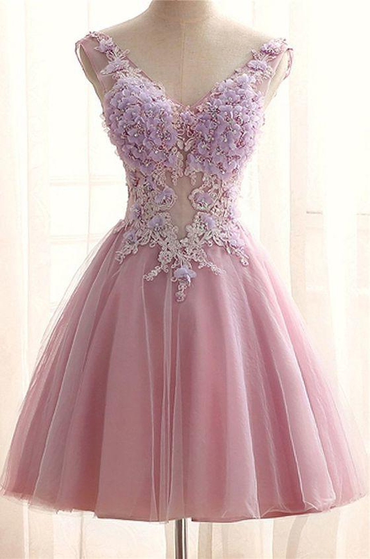 Chic V Neck Pink Tulle Applique Flower See Through Short Prom Dress  gh875