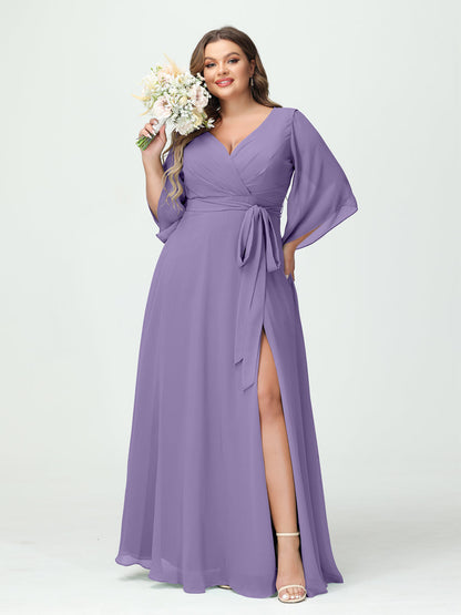 A-Line/Princess/Princess V-Neck Long Sleeves Chiffon Plus Size Bridesmaid Dresses With Pockets Belt & Split Side