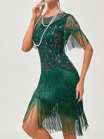 A-Line/Princess Jewel Neck Short Sleeve Knee-Length Vintage Dress with Tassel Fringe & Sequins