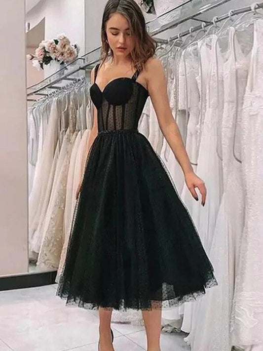 Black A-Line Sweetheart Tulle Tea-Length Cocktail Dresses