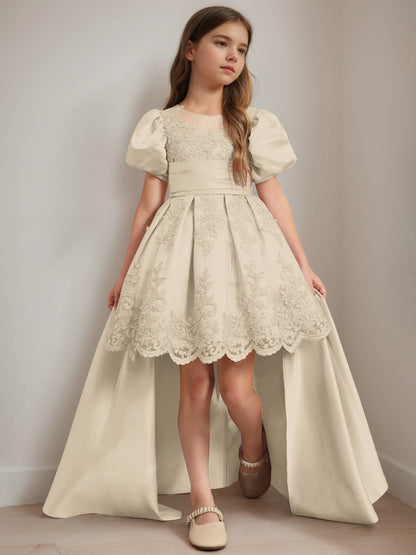 Ball-Gown Scoop Neck Short Sleeves Knee-Length Flower Girl Dress with Appliques