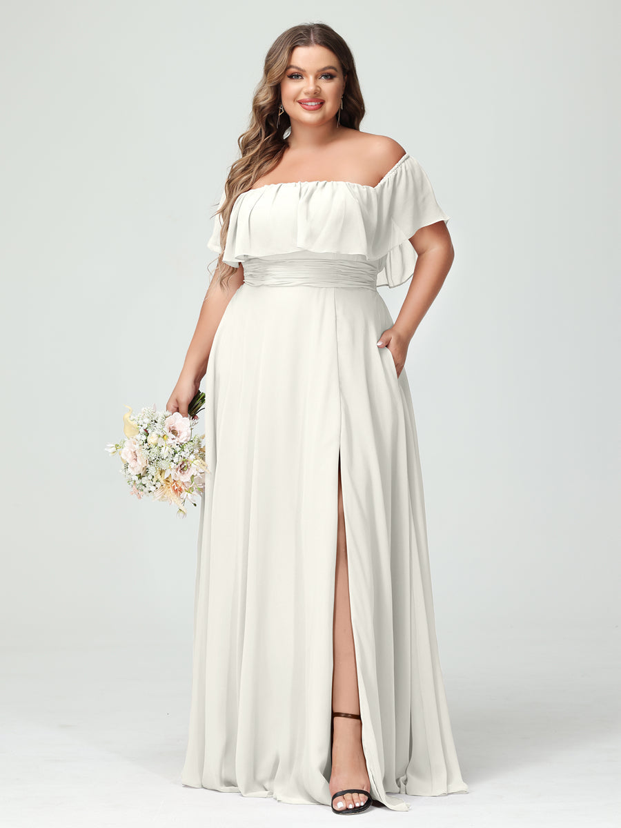 A-Line/Princess Off-the-Shoulder Short Sleeves Chiffon Plus Size Bridesmaid Dresses with Pockets & Split Side