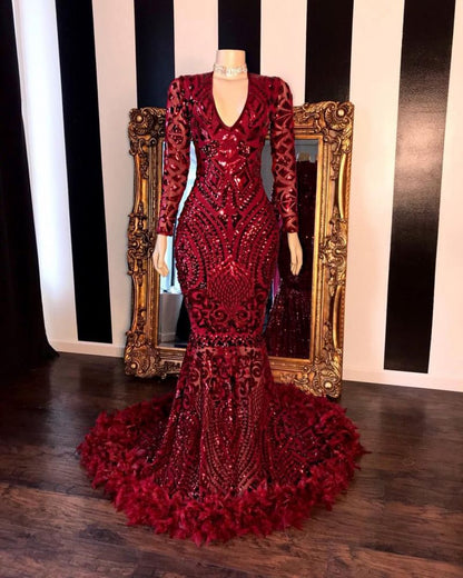 Burgundy V Neck Long Sleeves Mermaid Prom Dress Feather With Sequins PD0723