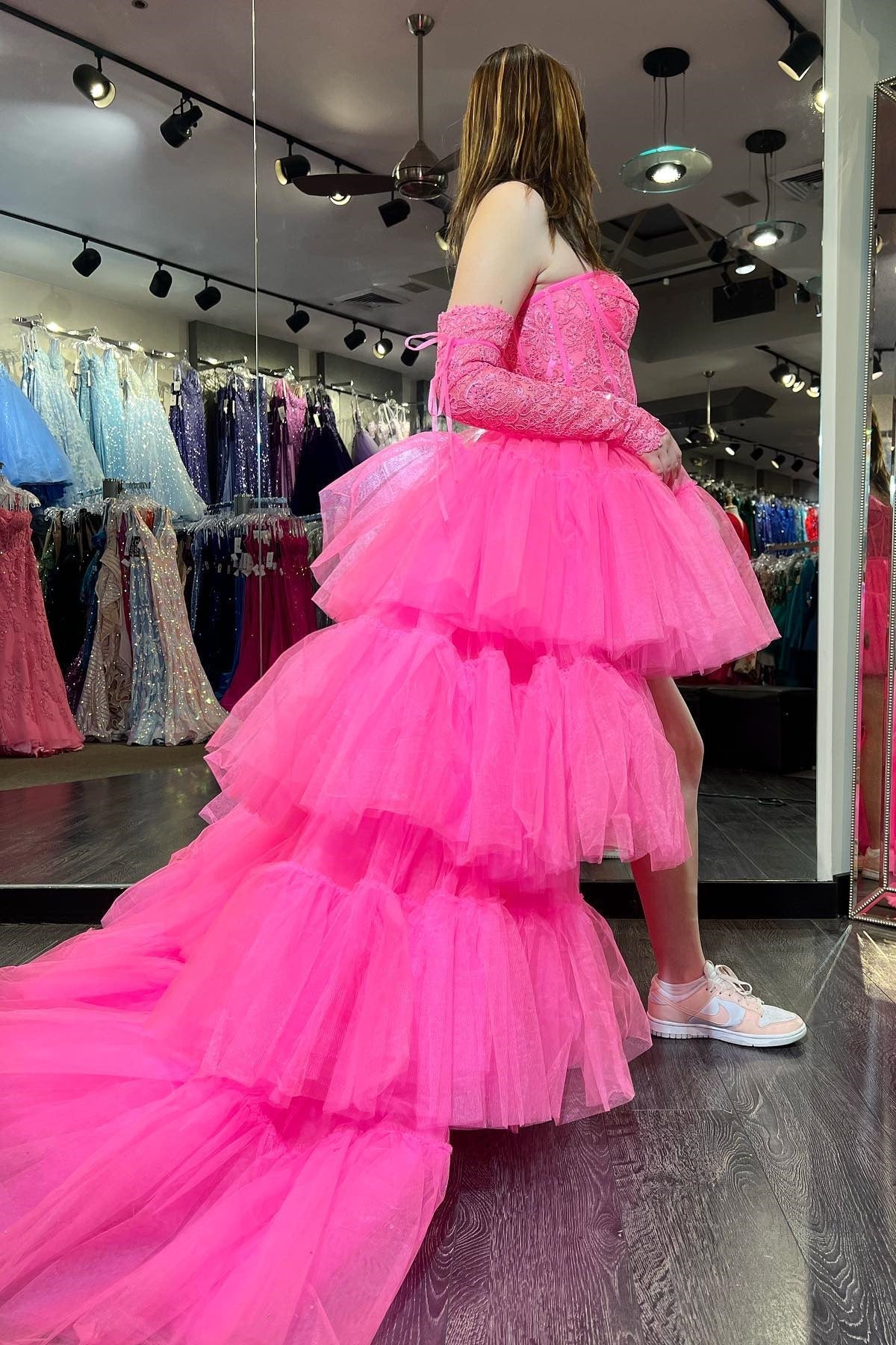 Sue | Hot Pink Off-Shoulder A-line Tulle Layers Applique Hi-Low Prom Dress