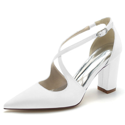 Women's Wedding Shoes Block Crossed Pointed Toe Buckle Bridal Shoes