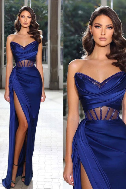 Royal Blue Strapless Satin Butterfly Neckline Prom Dress With High Split ZT0174