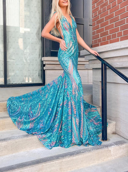 Trumpet/Mermaid V-Neck Sleeveless Floor-length Long Prom Dresses with Sequins & Ruffles