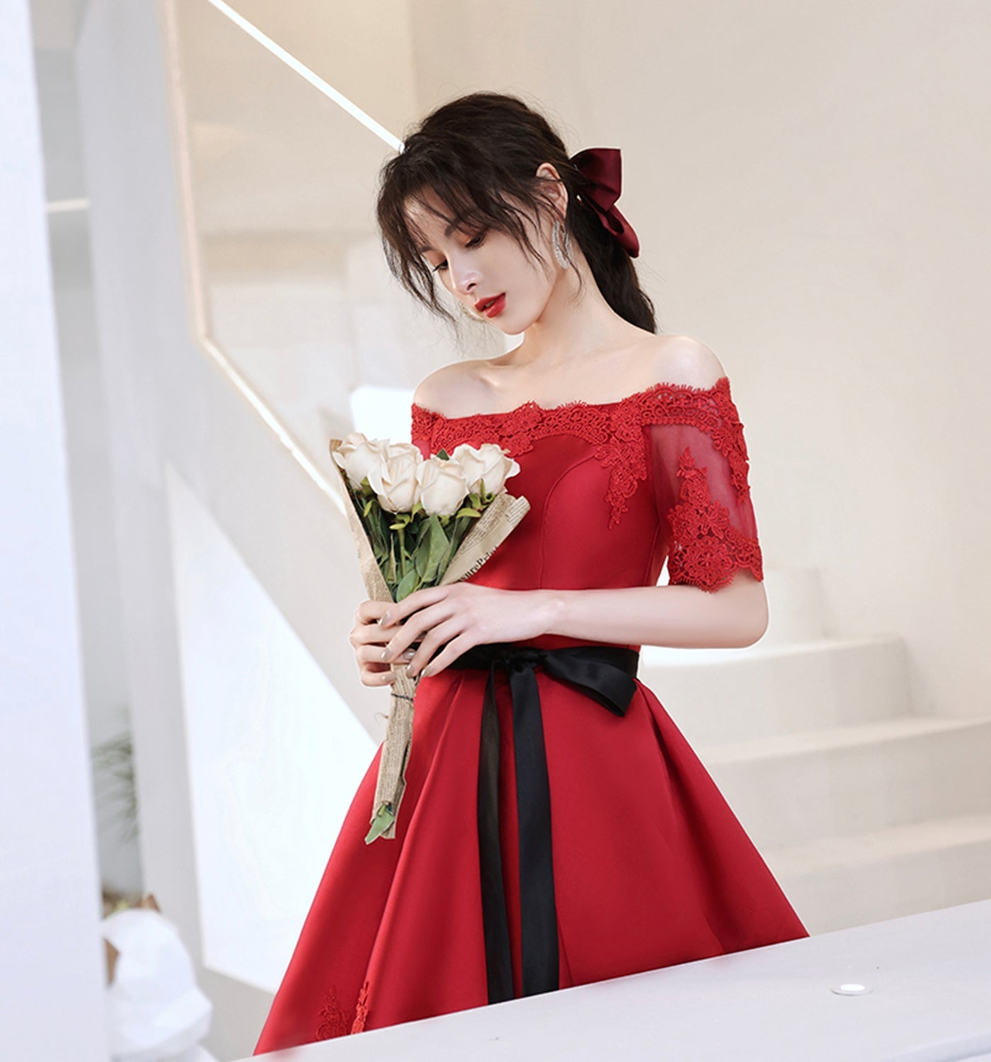 Red satin lace short prom dress red homecoming dress  8960