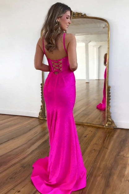 Sparkly Fuchsia Prom Dress Spaghetti Straps Lace Up Long Beaded With Slit YH0081