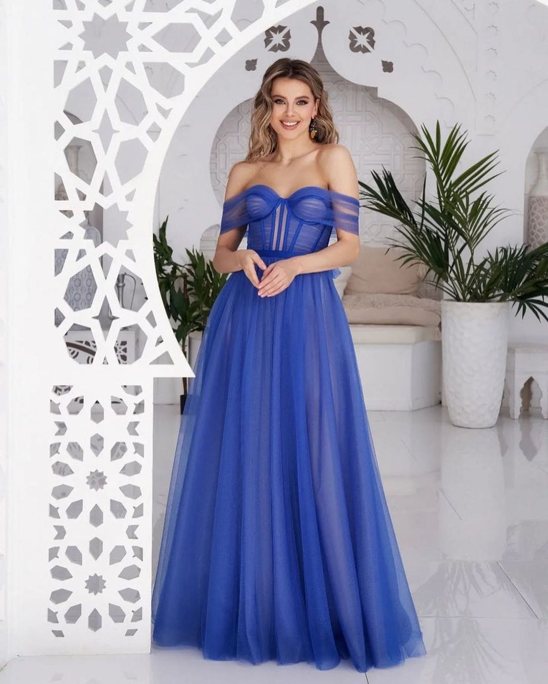 edgynewlook Tulle Off-the-shoulder Sweetheart Royal Blue Prom Dress