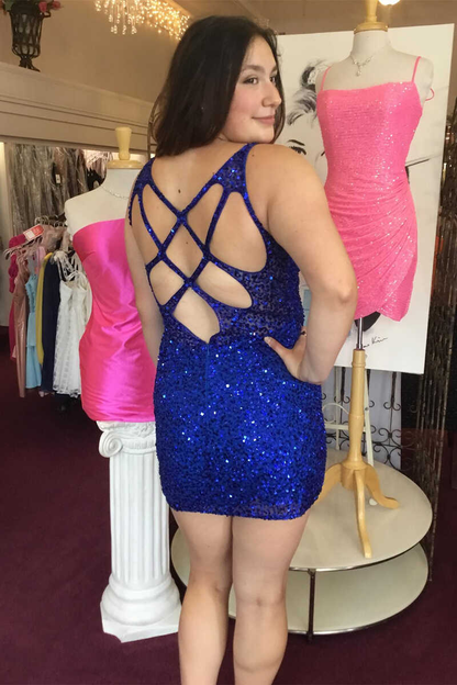 Royal Blue Sequin V-Neck Cutout Back Bodycon Short Dress  gh1256