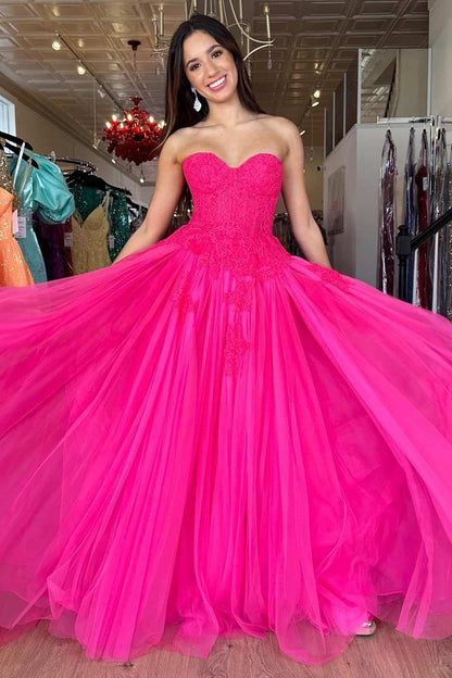 Amora |A-Line Hot Pink Tulle Lace StraplessLong Prom Dress