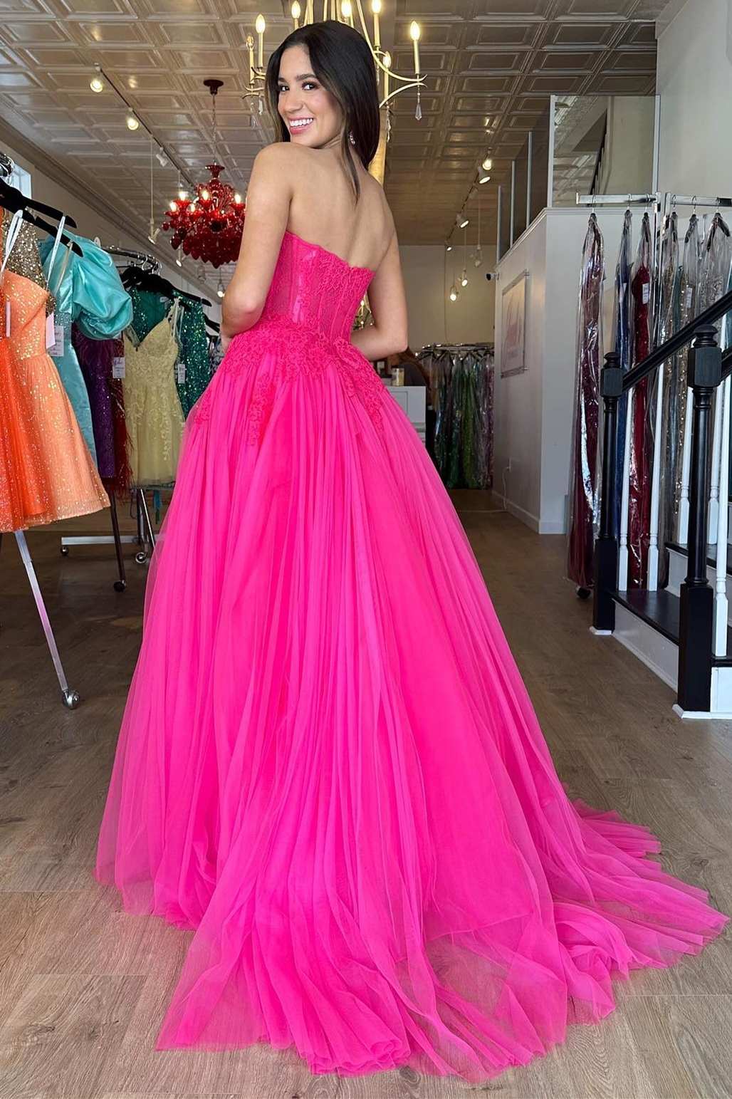 Amora |A-Line Hot Pink Tulle Lace StraplessLong Prom Dress