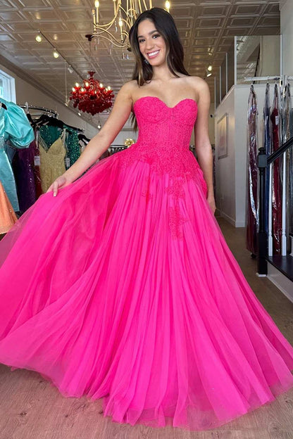 Amora |A-Line Hot Pink Tulle Lace StraplessLong Prom Dress