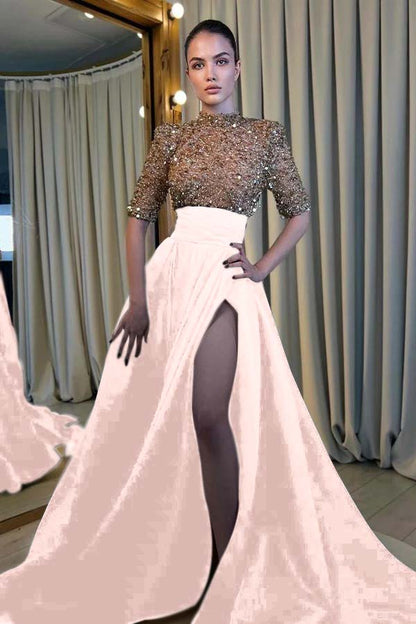 Black And Champagne Prom Dress Long Sleeves Mermaid Slit ED0628