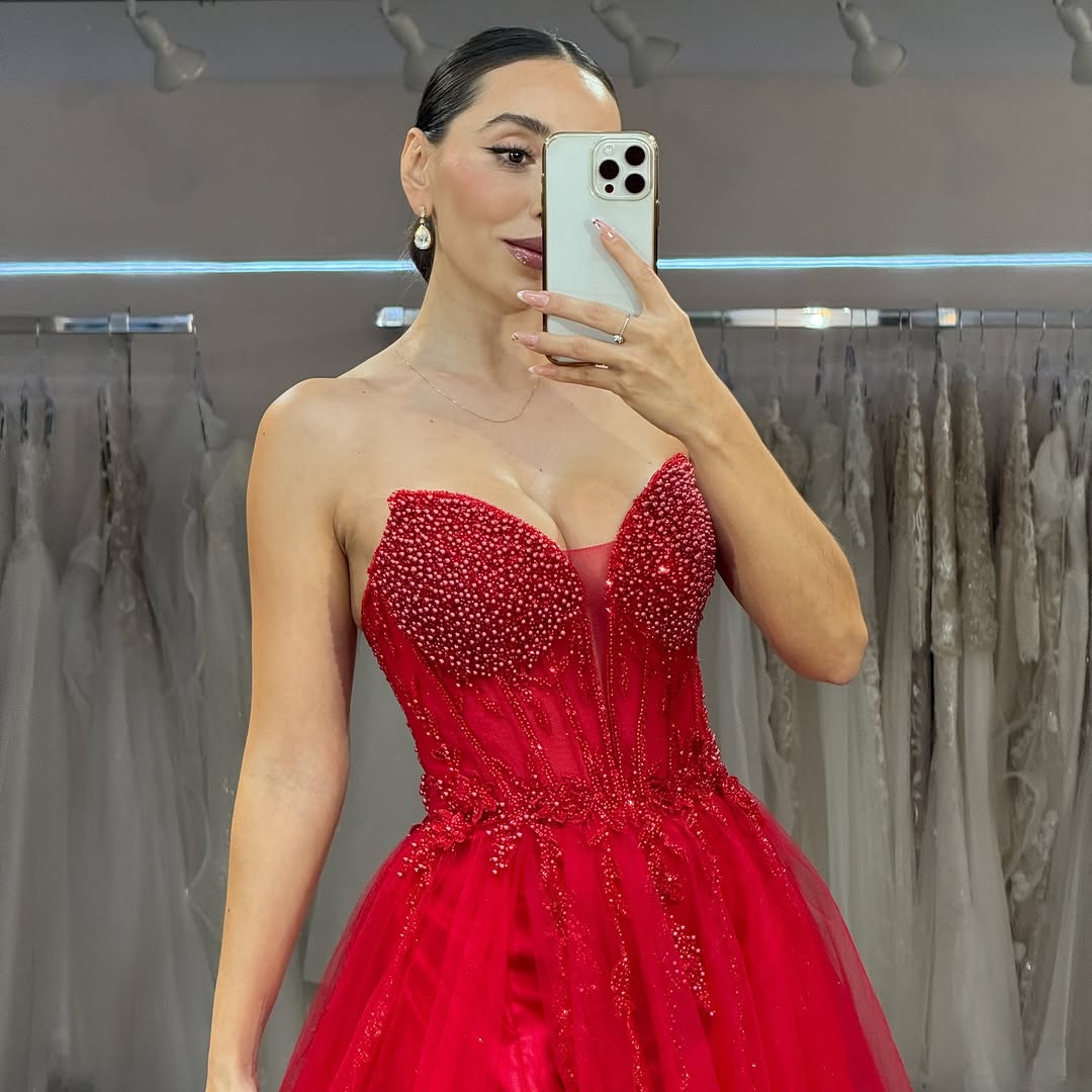 Red Tulle Strapless Split Beaded Prom Dress ZT0456