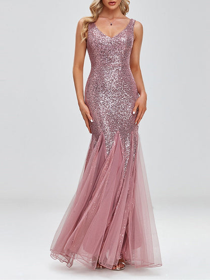 Trumpet/Mermaid Sleeveless V-Neck Sparkle Dress Evening Dresses With Sequin