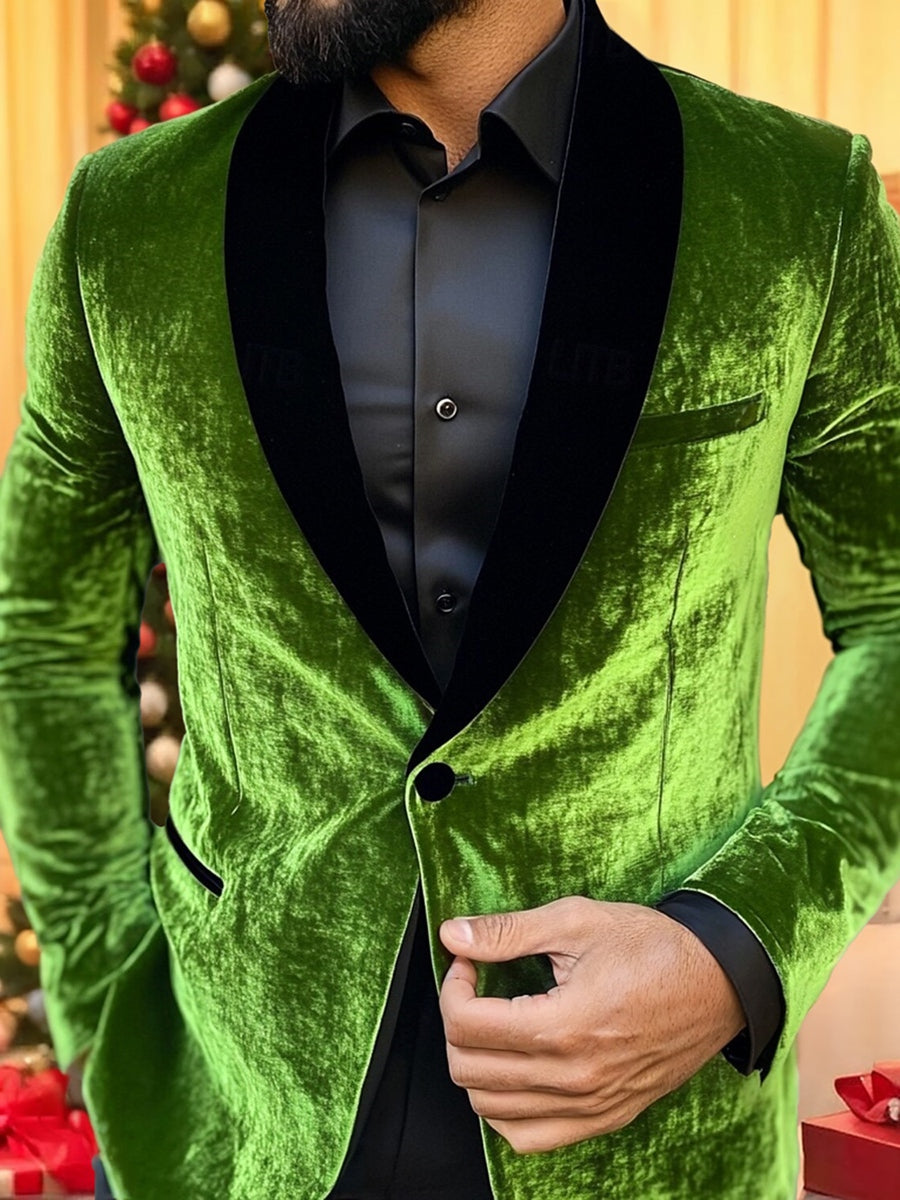 Green Men's Velvet Solid Colored Standard Fit Single Breasted One-button Blazer Jacket