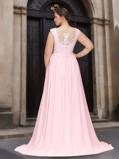 A-Line/Princess Scoop Neck Sleeveless Floor-Length Chiffon Plus Size Bridesmaid Dress with Lace & Appliques