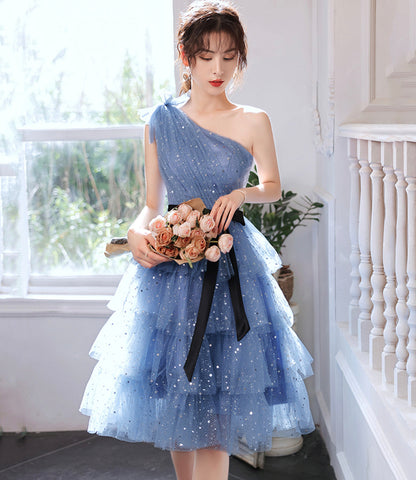 Blue tulle short prom dress one shoulder evening dress  8895