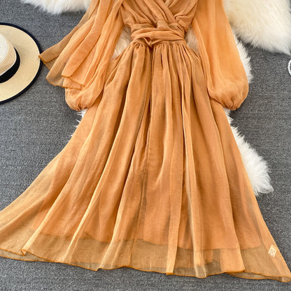 Cute V Neck Soft Chiffon Dress Fashion Girl Dress And Scarf  10791