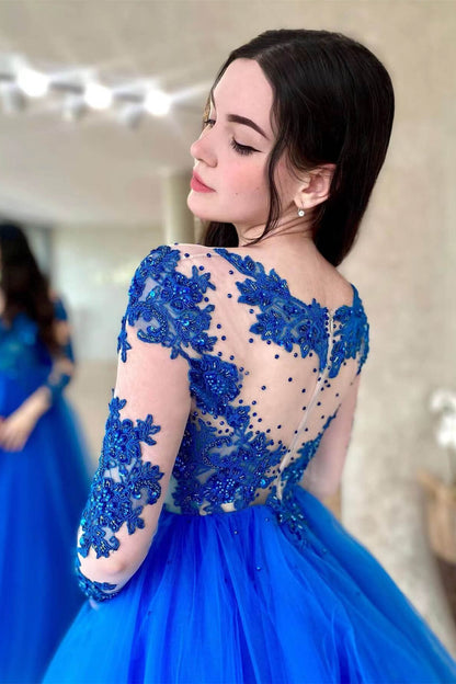 Amazing Royal Blue Long Sleeves Tulle Prom Dress With Appliques  ED0189