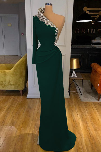 Green Long Sleeves One-Shoulder Mermaid Prom Dress With Beadings ED0005