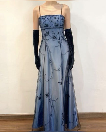 Blue/Grey Delicate Beaded Long Tulle Elegant Ball Gown Evening Dress Formal Birthday Party Dress Prom Dress gh3152