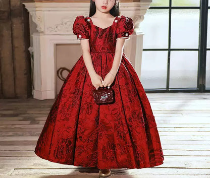 Square Neck Short Sleeves Floor Length Girl Party Dress with Beadings