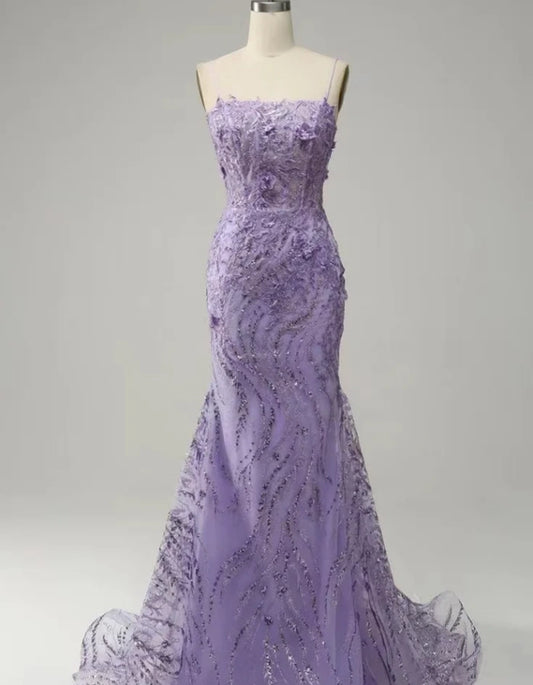 Glamorous Purple Applique Prom Dress Spaghetti Strap Mermaid Dress YX0044