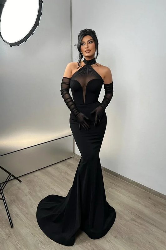 Black Halter Long Mermaid Prom Dress With Gloves ZT0047