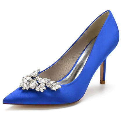 Women's Wedding Shoes Silk Satin Crystal Swing Stiletto Pointed Toe Bridal Shoes