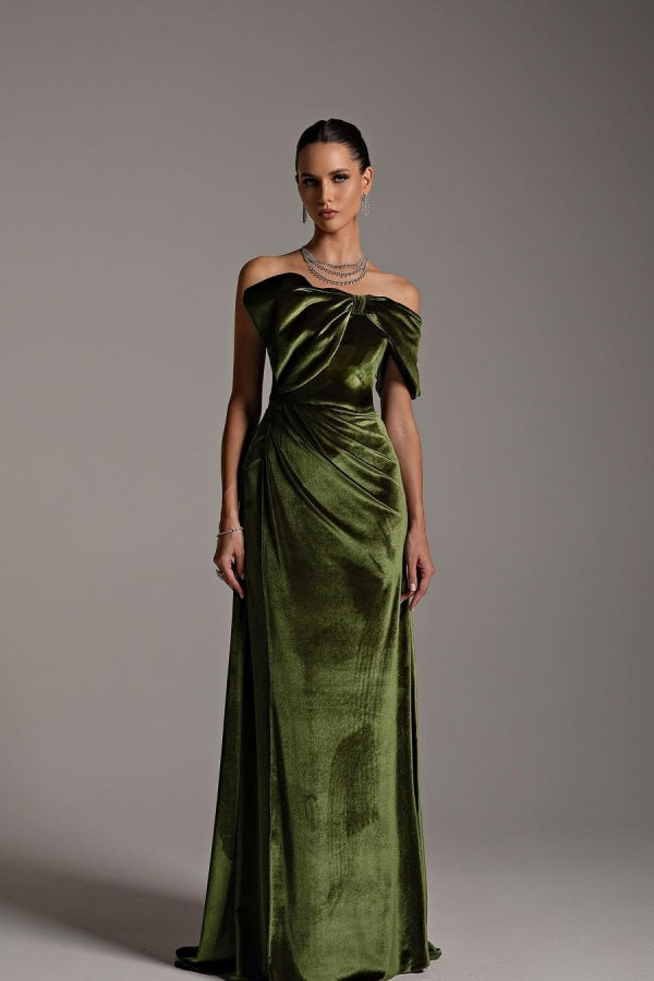 Green Velvet Bow Neckline Strapless Prom Dress ZT0304