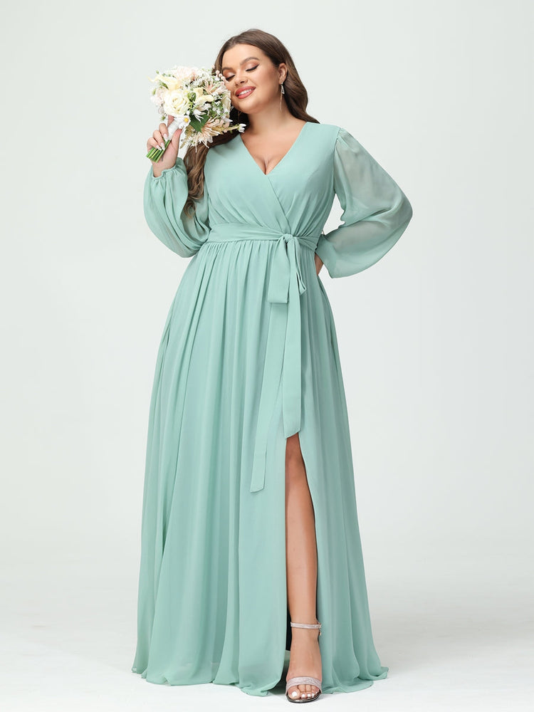 A-Line/Princess V-Neck Long Sleeves Chiffon Plus Size Bridesmaid Dresses with Pockets