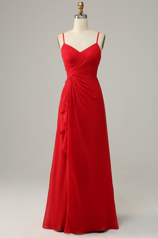 Red Spaghetti Straps A Line Bridesmaid Dress