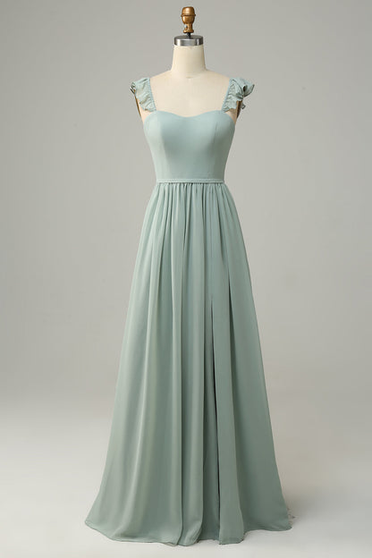 A Line Spaghetti Straps Dusty Sage Long Bridesmaid Dress with Ruffles