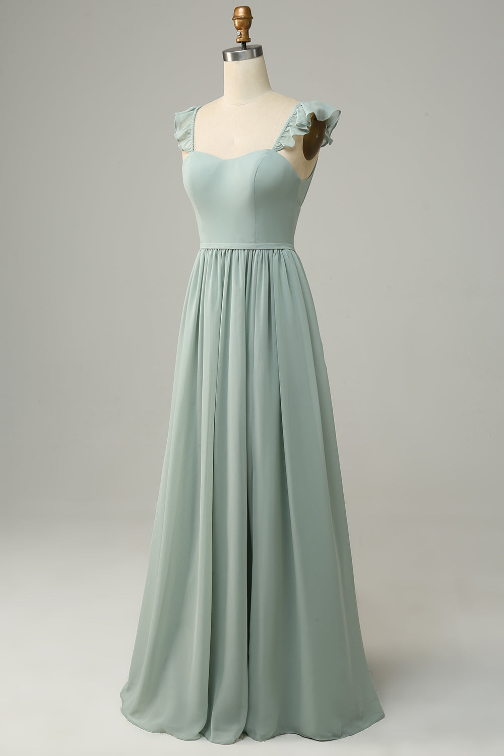 A Line Dusty Sage Ruffles Bridesmaid Dress