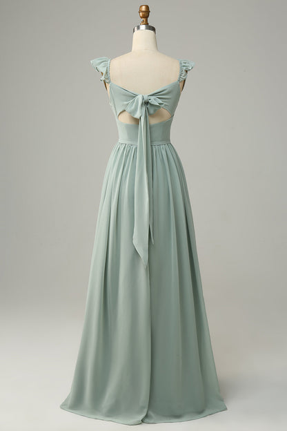 A Line Spaghetti Straps Dusty Sage Long Bridesmaid Dress with Ruffles