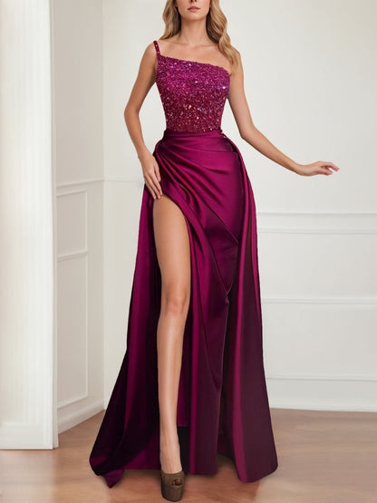 Sparkly Fuchsia Floor Length Evening Gown with Split