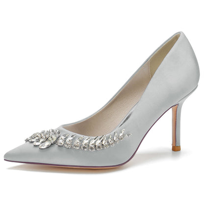 Women's Wedding Pointed Toe Silk Satin Stiletto Heel Bridal Shoes with Long Rhinestones